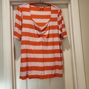 Cato Orange & Pink Striped Top Size 22 Plus Ruched V-Neck